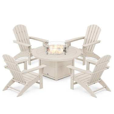 POLYWOOD Nautical 5-Piece Adirondack Chair Conversation Set w/ Fire Pit Table - Sand